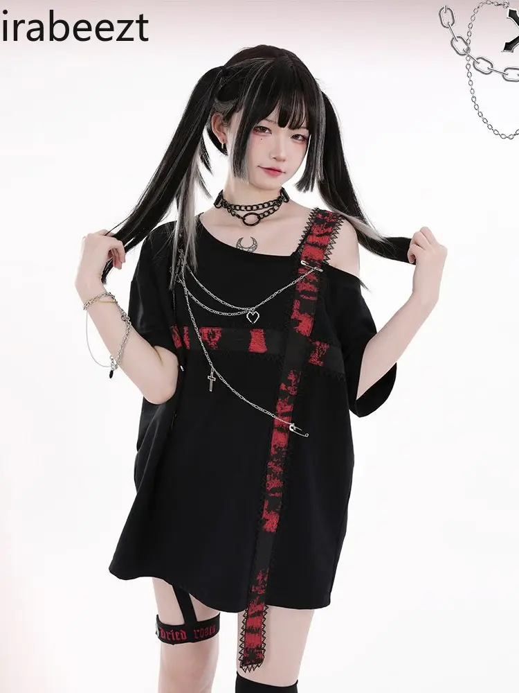 Black and Red Cross Off-the-shoulder Design Top Loose and Thin Patchwork Short-sleeved T-shirt Street Wear Tunicas Mujer Verano