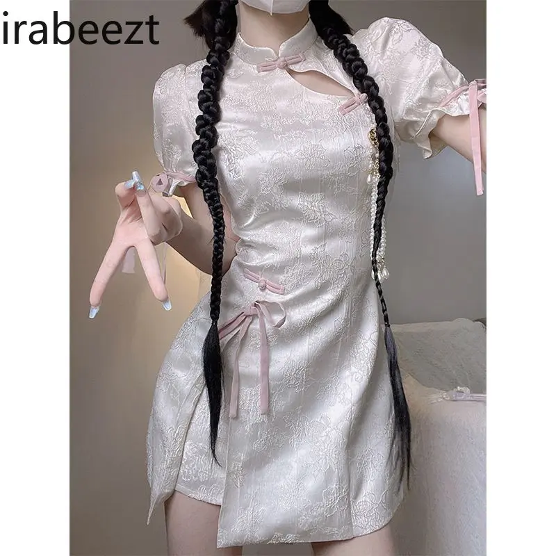 Small Spice Girl Sweet And Spicysexy Wrap Hip Robe New Chinese Style Retro Improved Short-sleeved Cheongsam White Dress