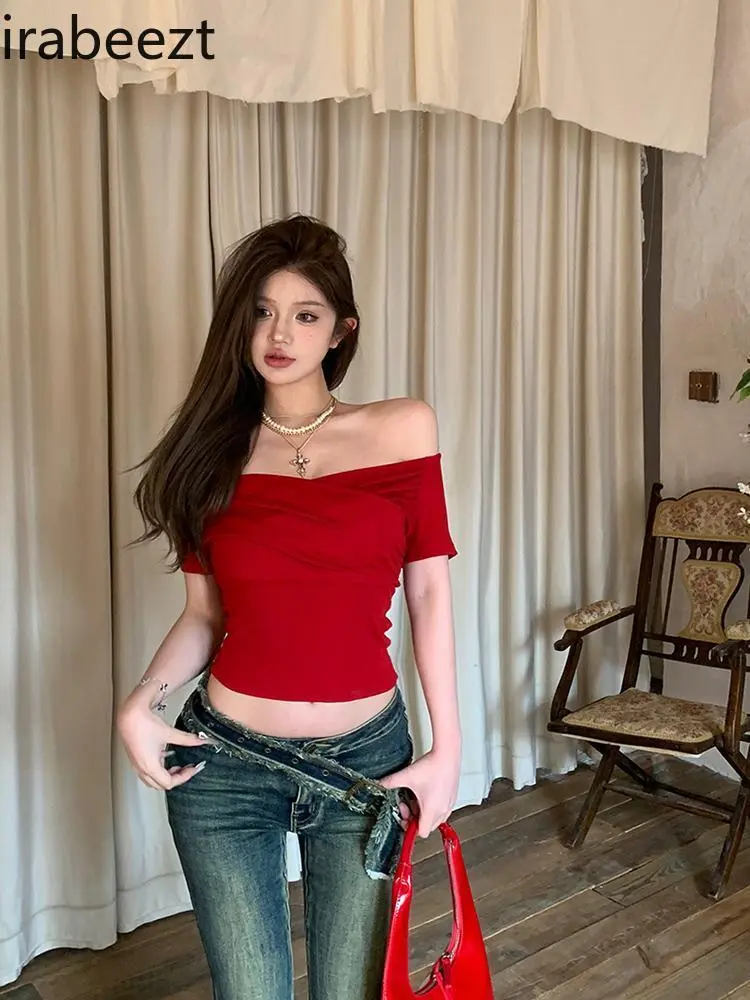 American Hot Short Red Short-sleeved T-shirt Women's Summer New Slimming Show Shoulder Chic Senior Sense of Top Vintage