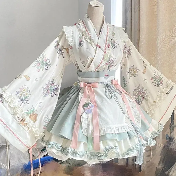 Gothic Lolita Gown with Hanfu Collar Long Sleeve Maid Uniform Vintage Floral Print Women's Party Dress Милая Рубашка Лолита