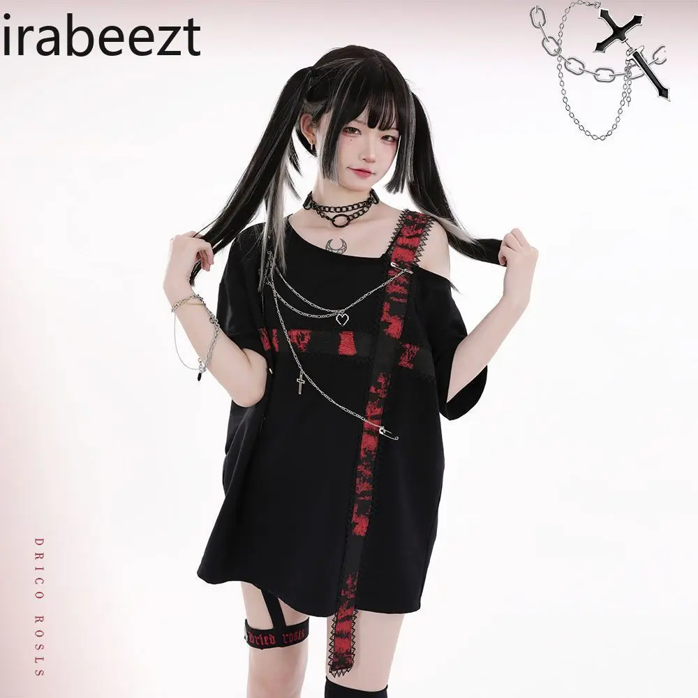 Black and Red Cross Off-the-shoulder Design Top Loose and Thin Patchwork Short-sleeved T-shirt Street Wear Tunicas Mujer Verano