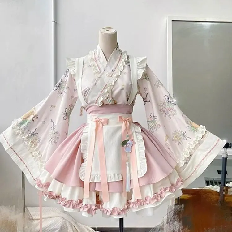 Gothic Lolita Gown with Hanfu Collar Long Sleeve Maid Uniform Vintage Floral Print Women's Party Dress Милая Рубашка Лолита