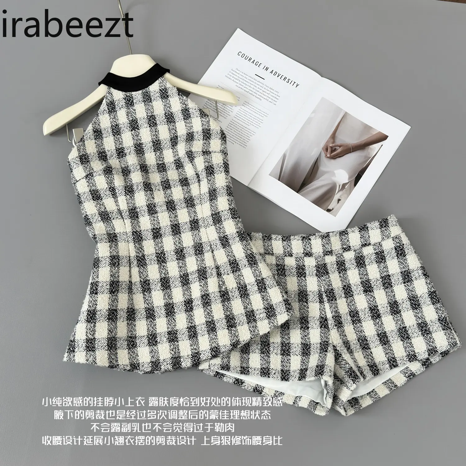 Women's Spring Plaid Halterneck Top and Shorts Two-piece Set Summer Trajes De Mujer Conjunto 2 Piezas Elegantes