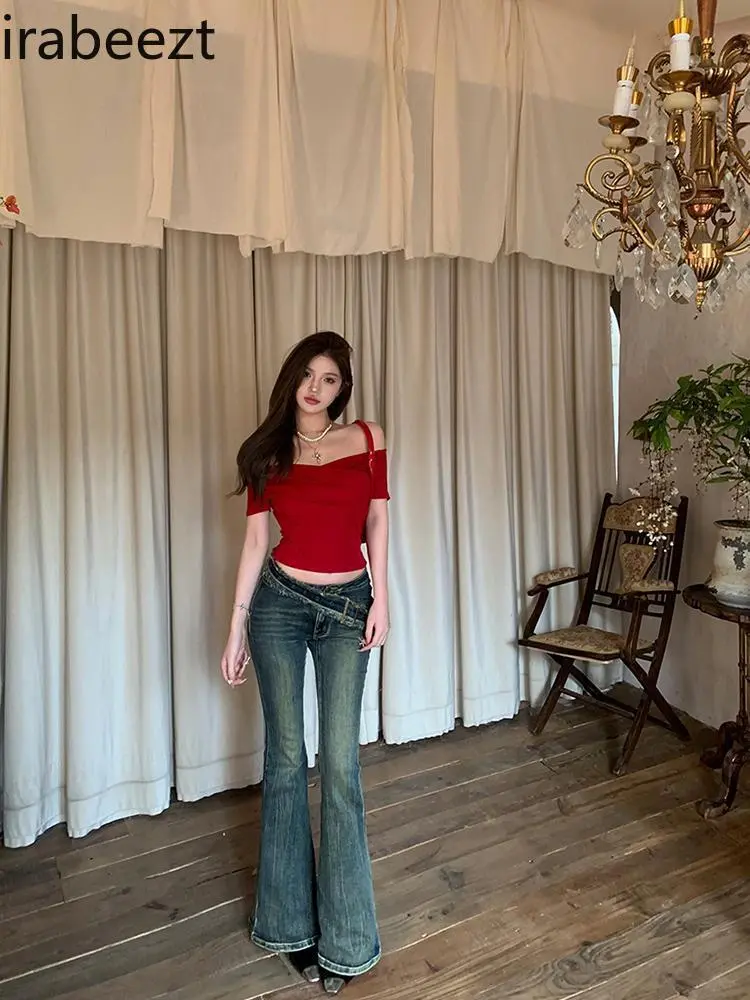 American Hot Short Red Short-sleeved T-shirt Women's Summer New Slimming Show Shoulder Chic Senior Sense of Top Vintage