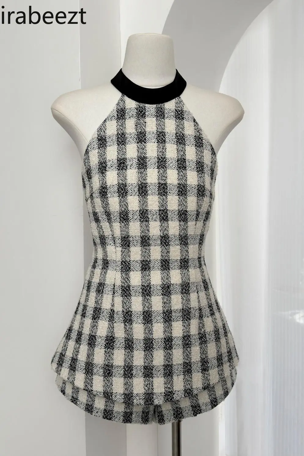 Women's Spring Plaid Halterneck Top and Shorts Two-piece Set Summer Trajes De Mujer Conjunto 2 Piezas Elegantes