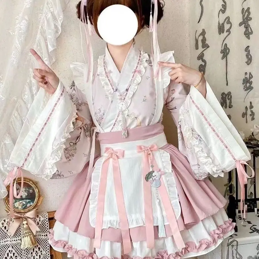 Gothic Lolita Gown with Hanfu Collar Long Sleeve Maid Uniform Vintage Floral Print Women's Party Dress Милая Рубашка Лолита