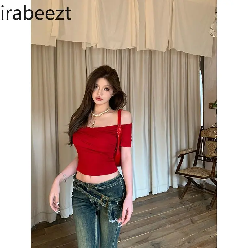 American Hot Short Red Short-sleeved T-shirt Women's Summer New Slimming Show Shoulder Chic Senior Sense of Top Vintage
