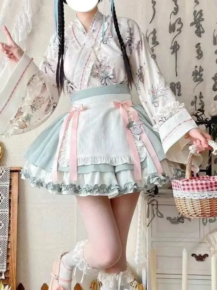 Gothic Lolita Gown with Hanfu Collar Long Sleeve Maid Uniform Vintage Floral Print Women's Party Dress Милая Рубашка Лолита