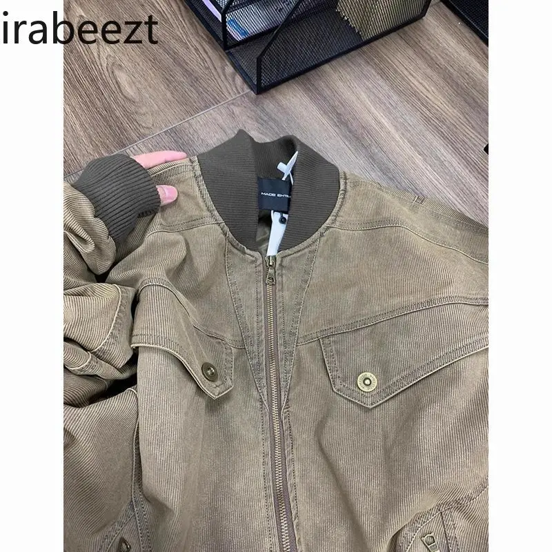Couple's Outfit Distressed Retro Layered Woven Thread Design Jacket American Simple Zipper Baseball Uniform for Men and Women