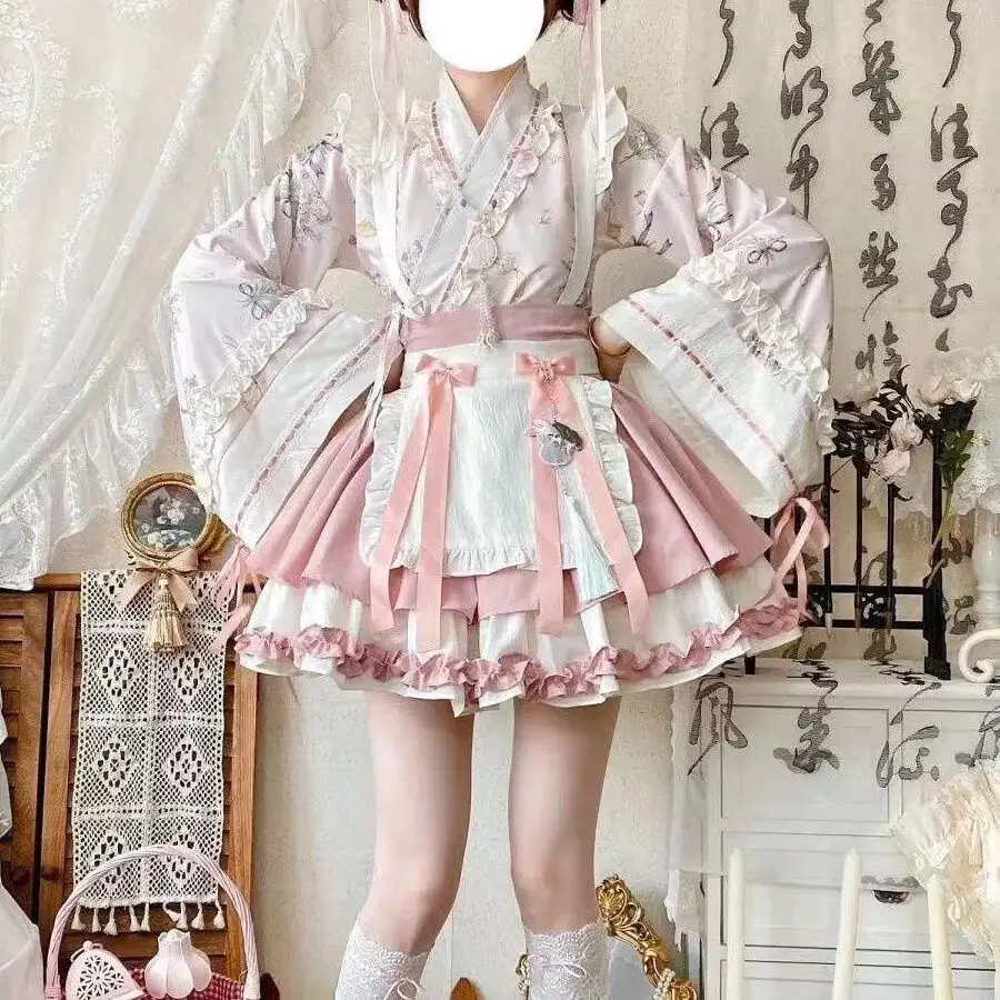Gothic Lolita Gown with Hanfu Collar Long Sleeve Maid Uniform Vintage Floral Print Women's Party Dress Милая Рубашка Лолита