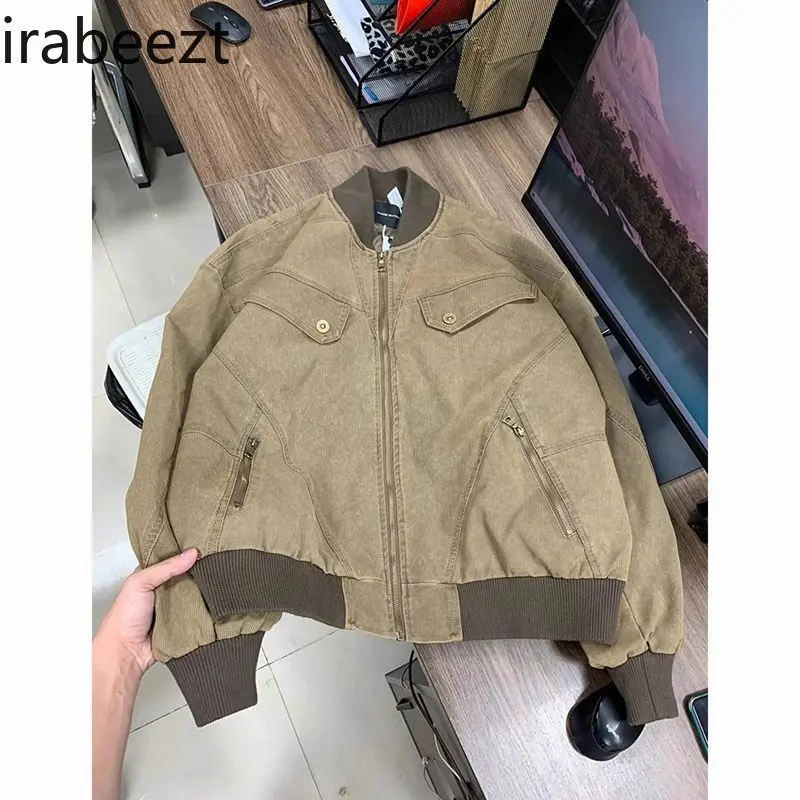 Couple's Outfit Distressed Retro Layered Woven Thread Design Jacket American Simple Zipper Baseball Uniform for Men and Women