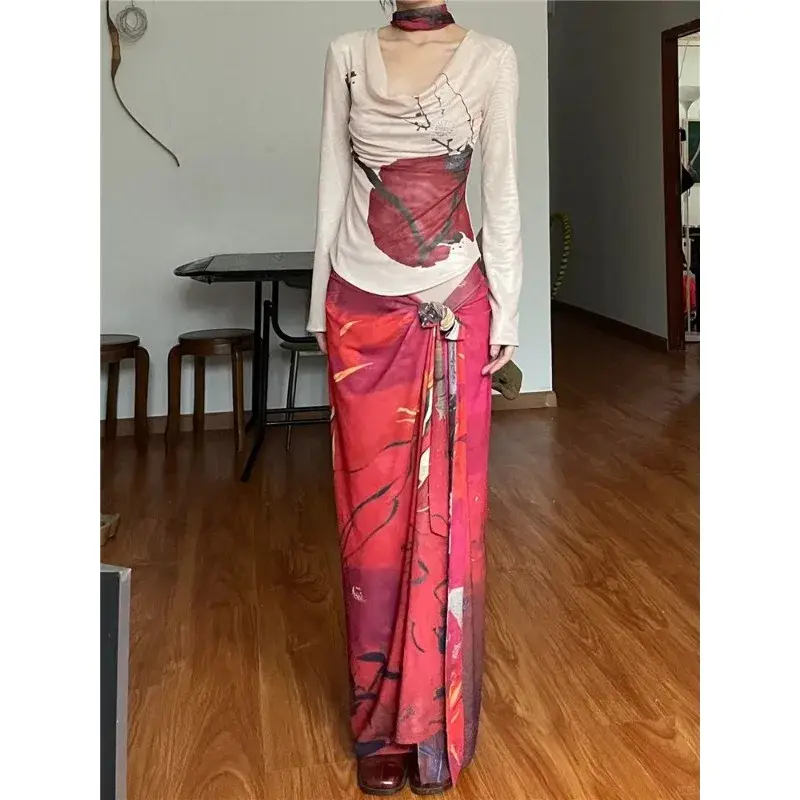 Irabeezt Chinese Style Skirt Set Slash Neck Off Shoulder Tshirts Tops Split A-line Hot Girls Skirts Pure Sexy Two Piece Sets