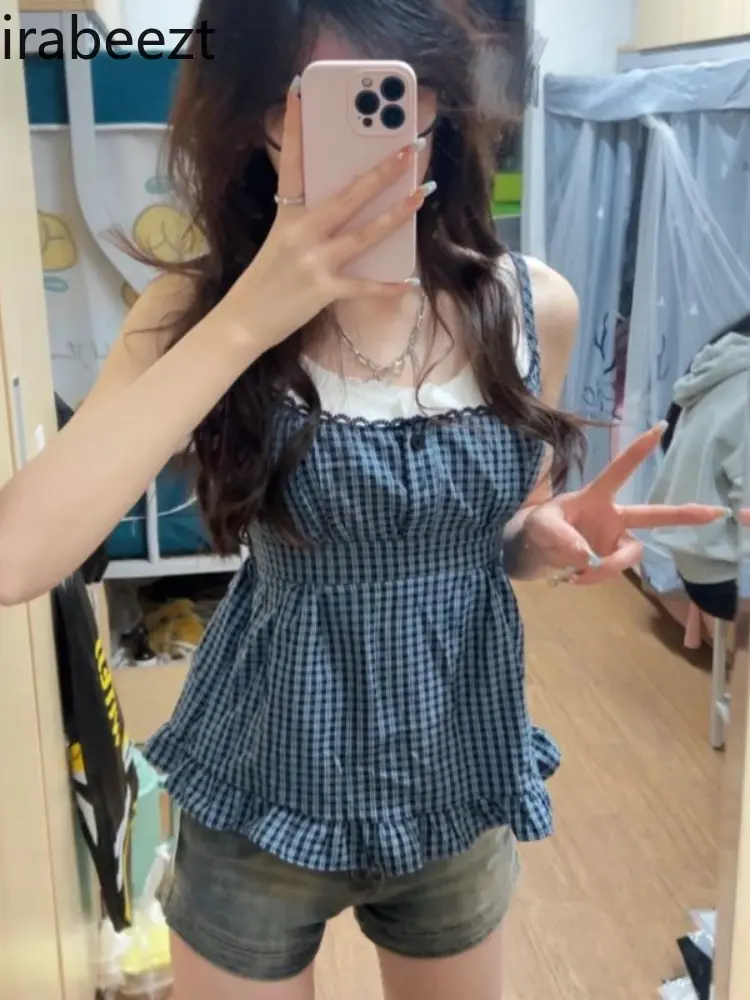 Retro Design Sweet Spice Fake Two Halter Tank Tops Women's Summer Patchwork Tops Denim Shorts Two Pieces Suits
