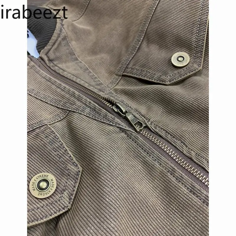 Couple's Outfit Distressed Retro Layered Woven Thread Design Jacket American Simple Zipper Baseball Uniform for Men and Women