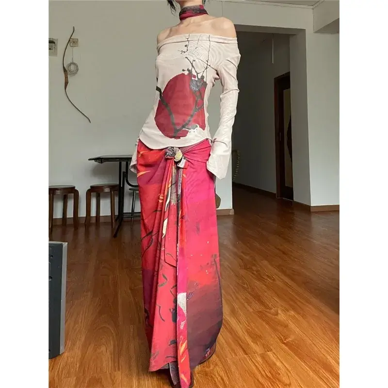 Irabeezt Chinese Style Skirt Set Slash Neck Off Shoulder Tshirts Tops Split A-line Hot Girls Skirts Pure Sexy Two Piece Sets