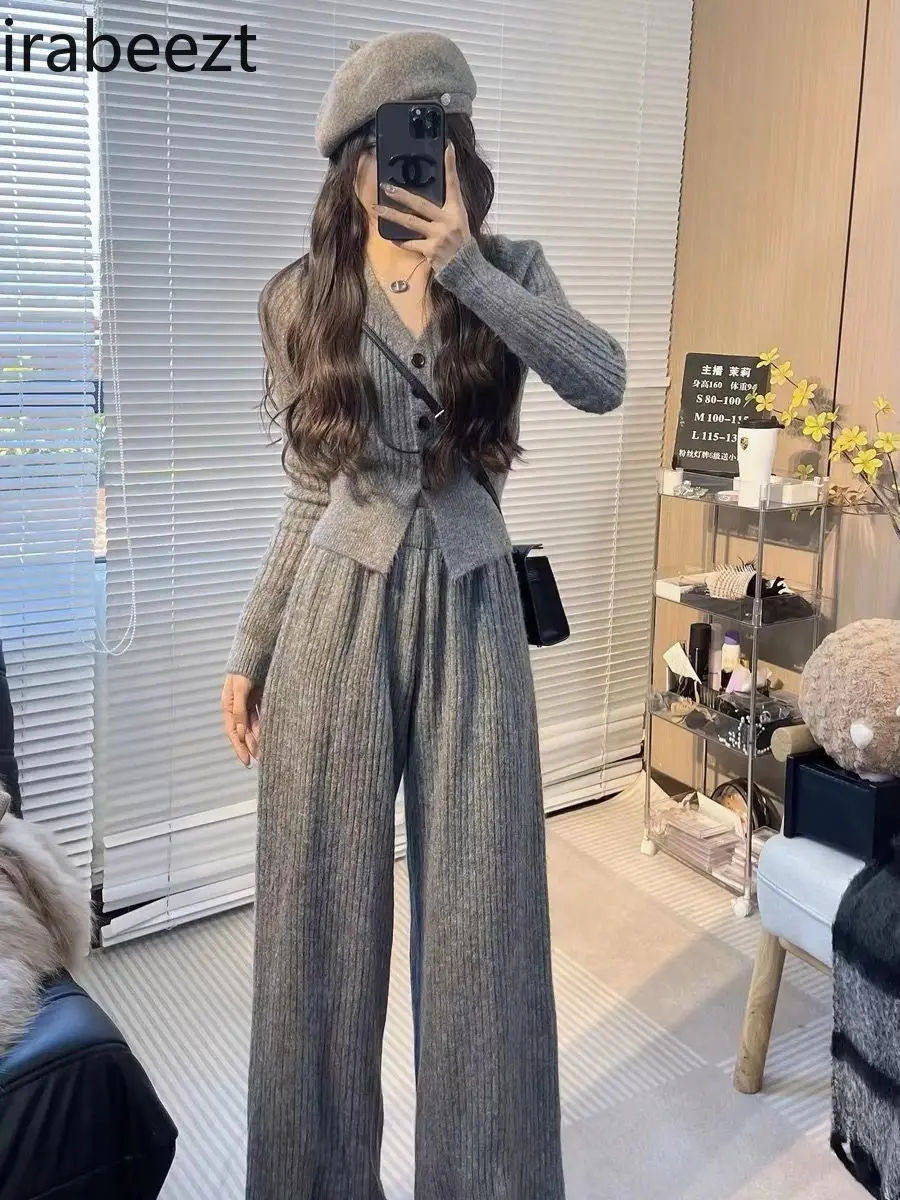 2024 Autumn and Winter New Style Temperament Slim Leisure Suit Female V-neck Long-sleeved Top + Wide-leg Pants Two-piece Suit