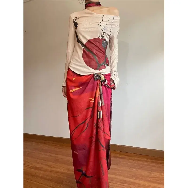 Irabeezt Chinese Style Skirt Set Slash Neck Off Shoulder Tshirts Tops Split A-line Hot Girls Skirts Pure Sexy Two Piece Sets