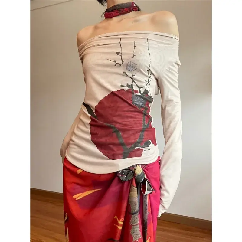 Irabeezt Chinese Style Skirt Set Slash Neck Off Shoulder Tshirts Tops Split A-line Hot Girls Skirts Pure Sexy Two Piece Sets