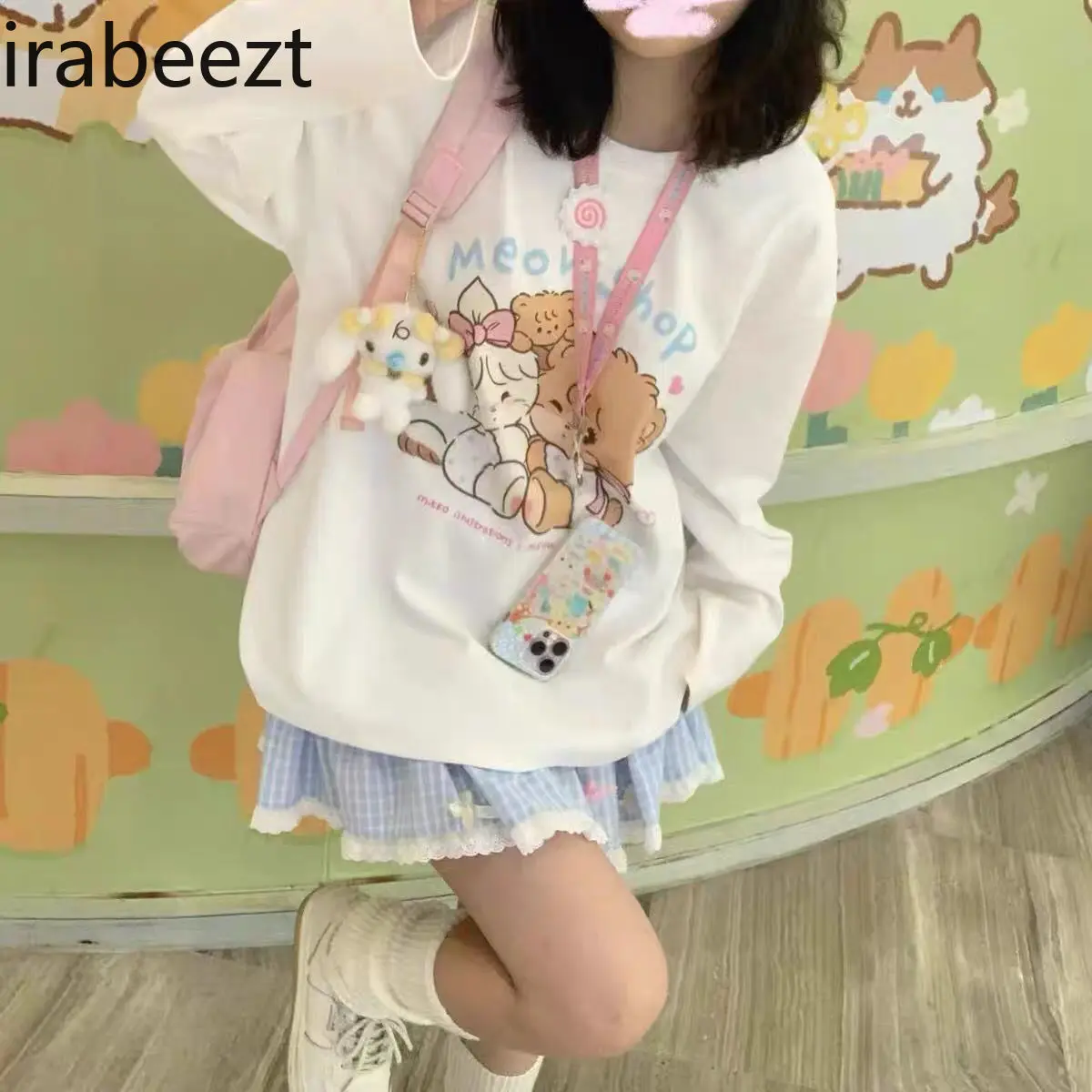 Sweet and Fresh Design Sense Blue Check Bow Skirt Matching Autumn and Winter Pompadour Cake Shaped Lovely Plaid Skirt