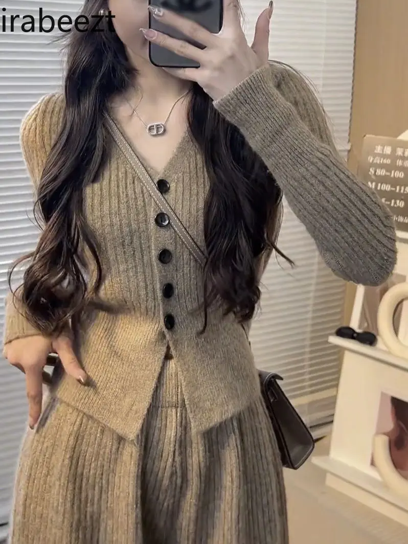 2024 Autumn and Winter New Style Temperament Slim Leisure Suit Female V-neck Long-sleeved Top + Wide-leg Pants Two-piece Suit