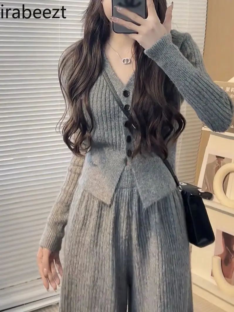 2024 Autumn and Winter New Style Temperament Slim Leisure Suit Female V-neck Long-sleeved Top + Wide-leg Pants Two-piece Suit