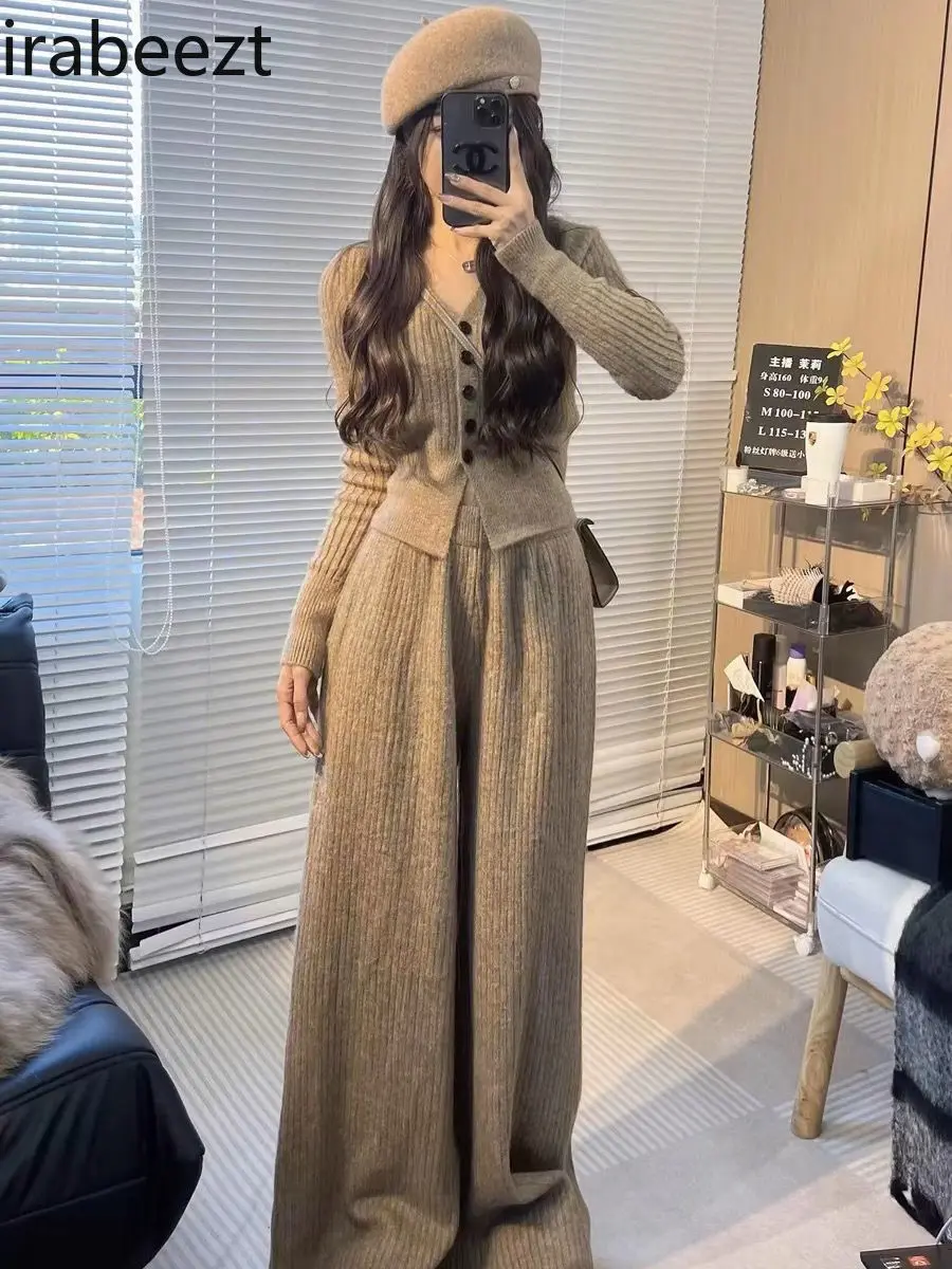 2024 Autumn and Winter New Style Temperament Slim Leisure Suit Female V-neck Long-sleeved Top + Wide-leg Pants Two-piece Suit