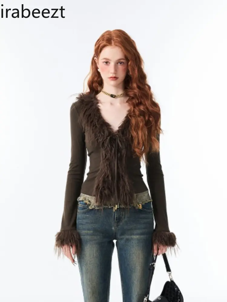 Spring and Autumn Splicing Woolly V-neck Strap Cardigan Female Sexy Advanced Sense Slimming Inside Wear Top Women T Shirt