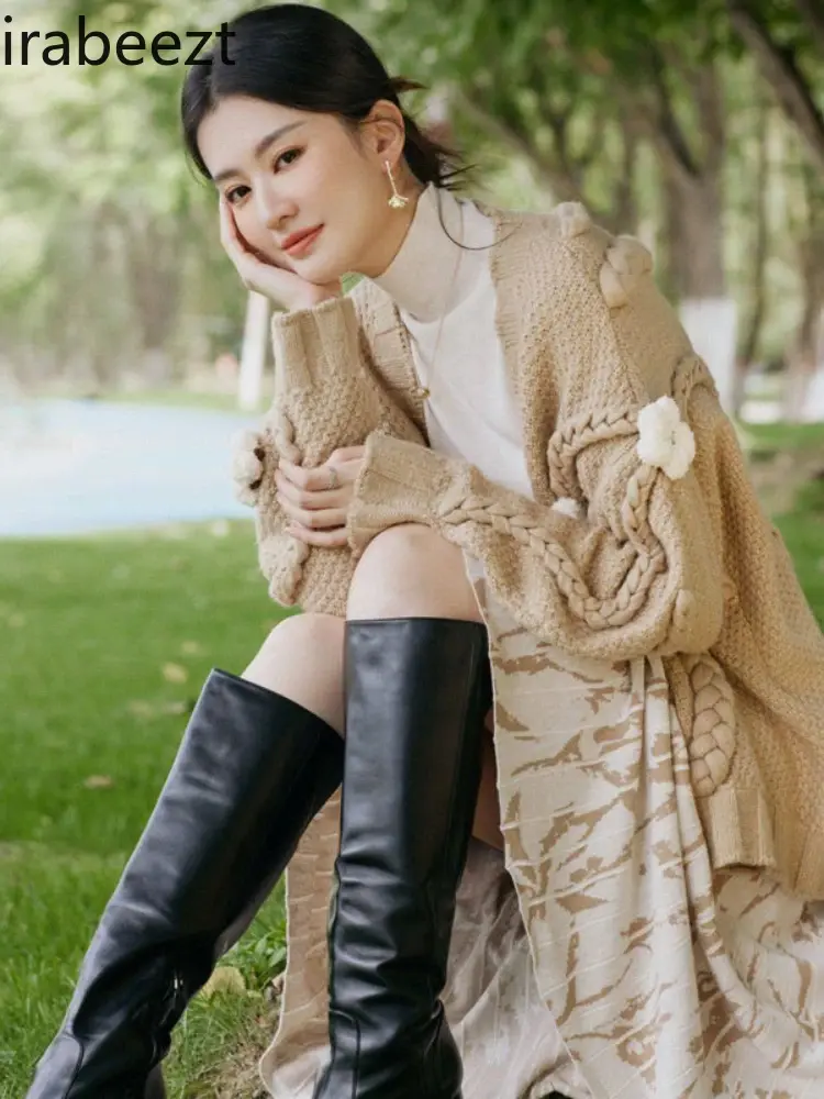 Khaki Twist Braid Cotton Knit Cardigan Women's Autumn and Winter Outerwear Top High End Luxury Designer Clothes Sweater Coat