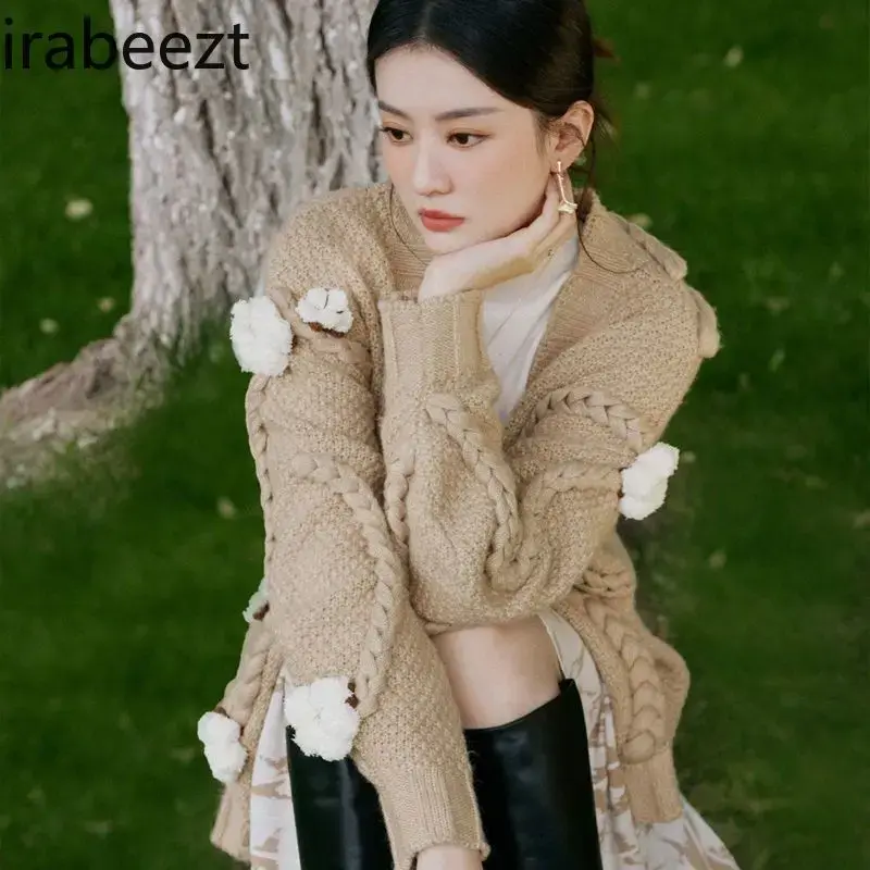 Khaki Twist Braid Cotton Knit Cardigan Women's Autumn and Winter Outerwear Top High End Luxury Designer Clothes Sweater Coat
