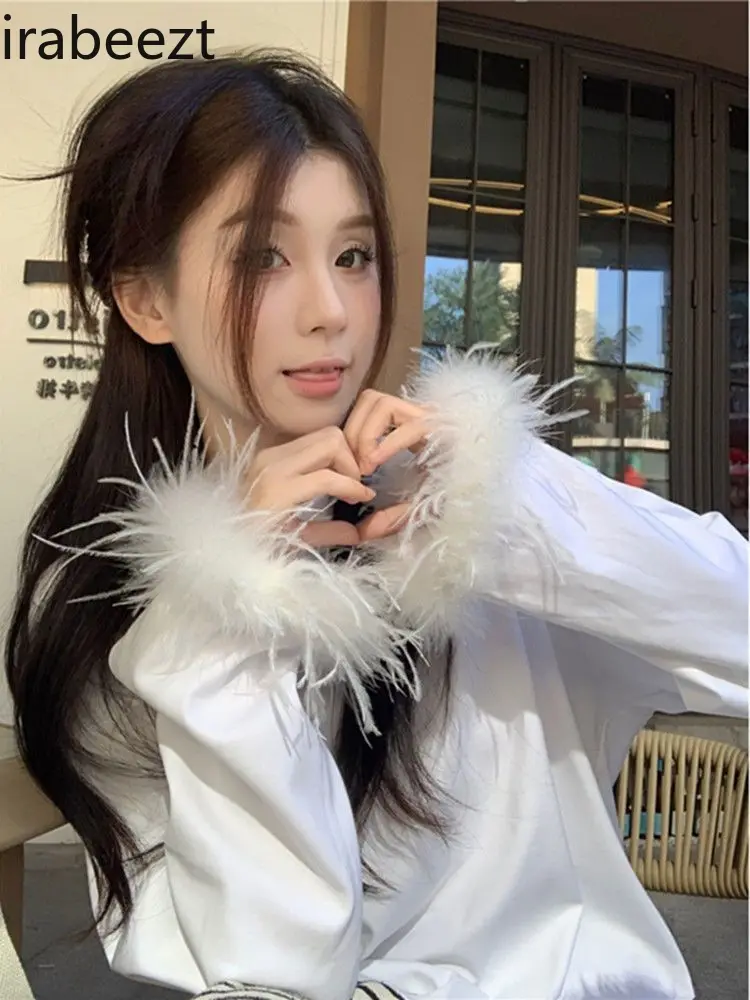 Design Sense Furry Cuff Long Sleeve T-shirt Women's Autumn and Winter Loose Everything with The Bottom Coat Top Women Clothes