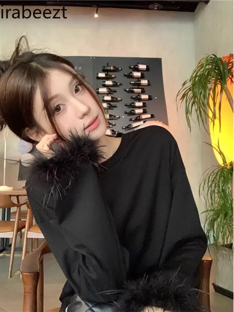 Design Sense Furry Cuff Long Sleeve T-shirt Women's Autumn and Winter Loose Everything with The Bottom Coat Top Women Clothes