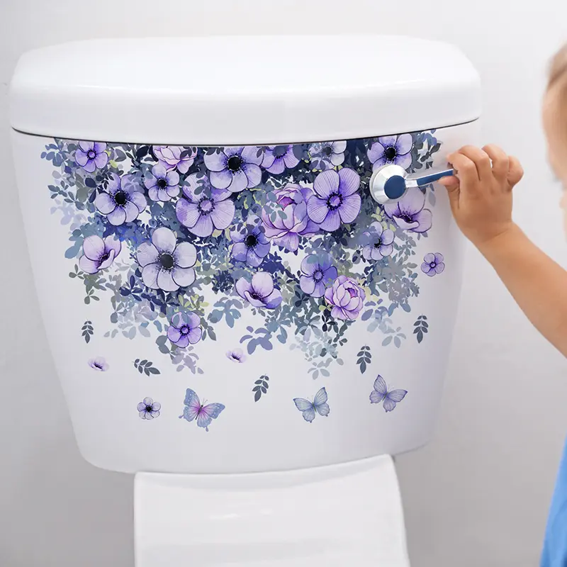 Purple Vine Flower Butterfly Wall Stickers Bathroom Toilet Decoration Beautify Self-Adhesive Home