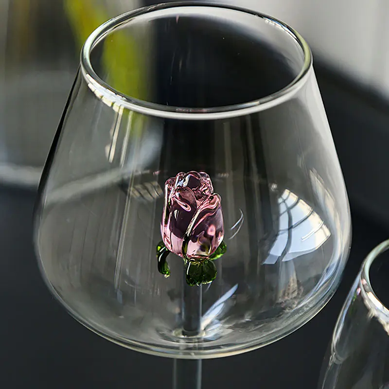 Creative 3D Pink Glass Rose Build-In Red White Wine Glasses Cup Drinkware Goblet Champagne Flute Household Lovely Valentine Gift