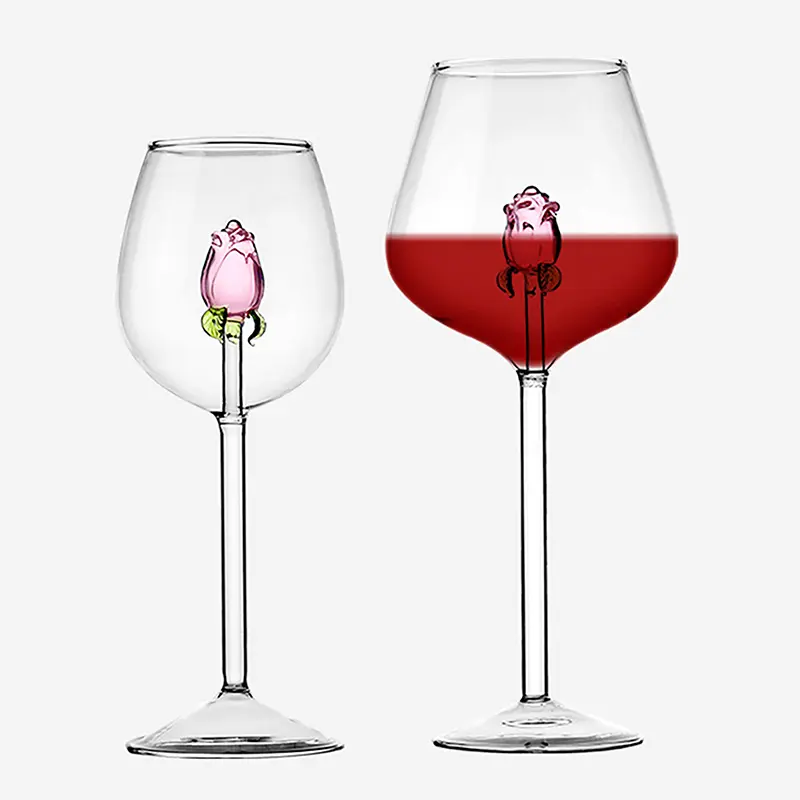 Creative 3D Pink Glass Rose Build-In Red White Wine Glasses Cup Drinkware Goblet Champagne Flute Household Lovely Valentine Gift