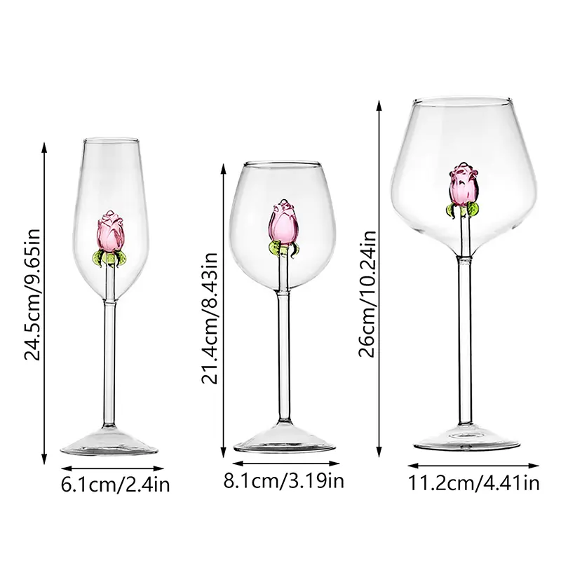 Creative 3D Pink Glass Rose Build-In Red White Wine Glasses Cup Drinkware Goblet Champagne Flute Household Lovely Valentine Gift