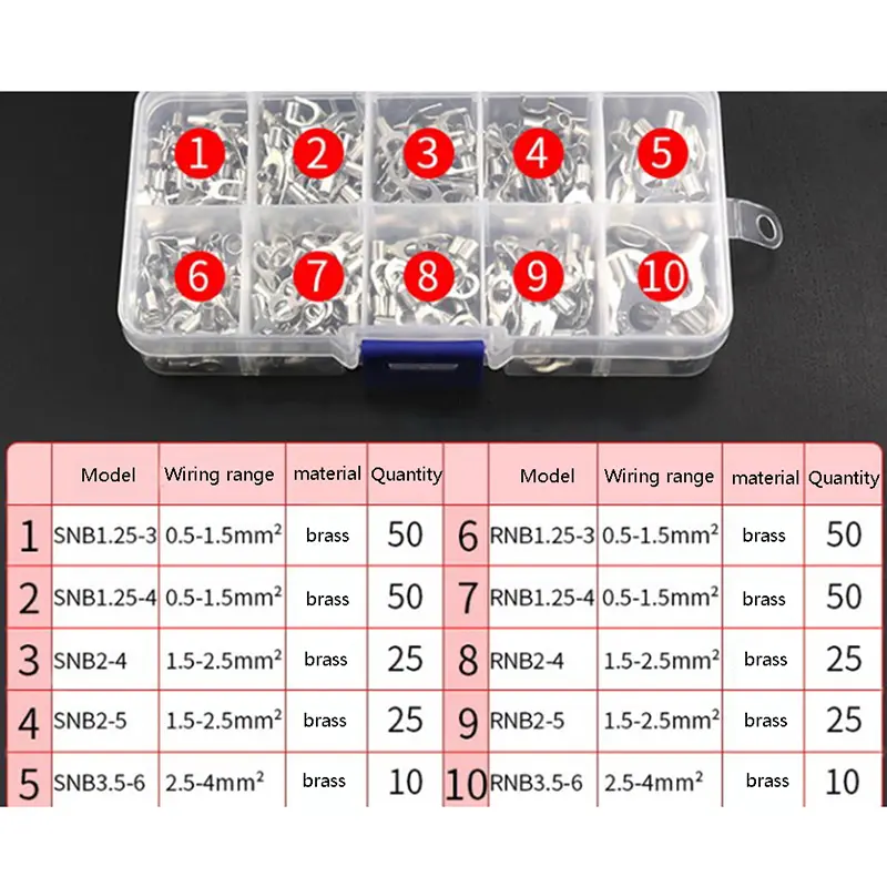 320Pcs New Hot Brass Material 10 In 1 Terminal M3~M6 Installation Screw Hole Uninsulated Ring Fork U-shaped Kit