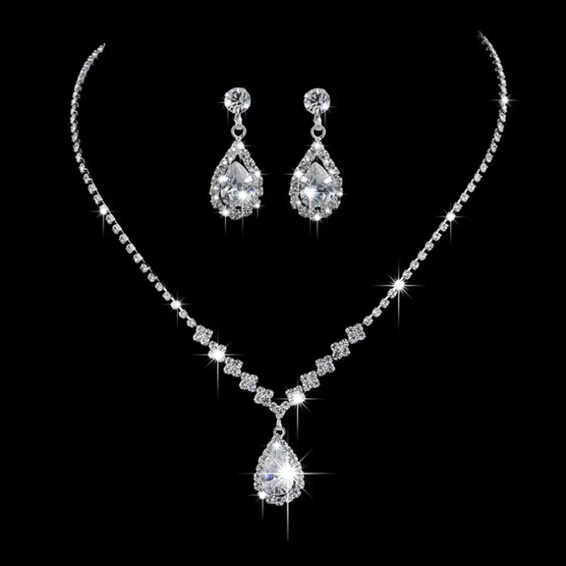 Vintage Crystal Waterdrop Pendant Necklace Earrings Silver Wedding Jewelry Set