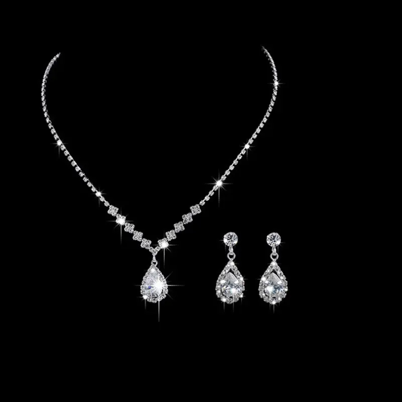 Vintage Crystal Waterdrop Pendant Necklace Earrings Silver Wedding Jewelry Set