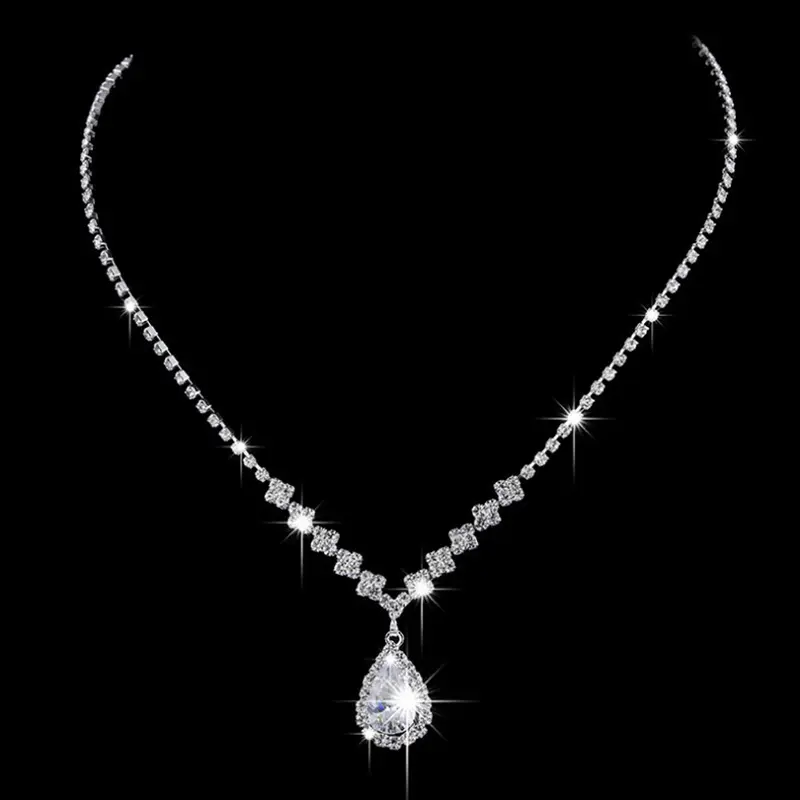 Vintage Crystal Waterdrop Pendant Necklace Earrings Silver Wedding Jewelry Set
