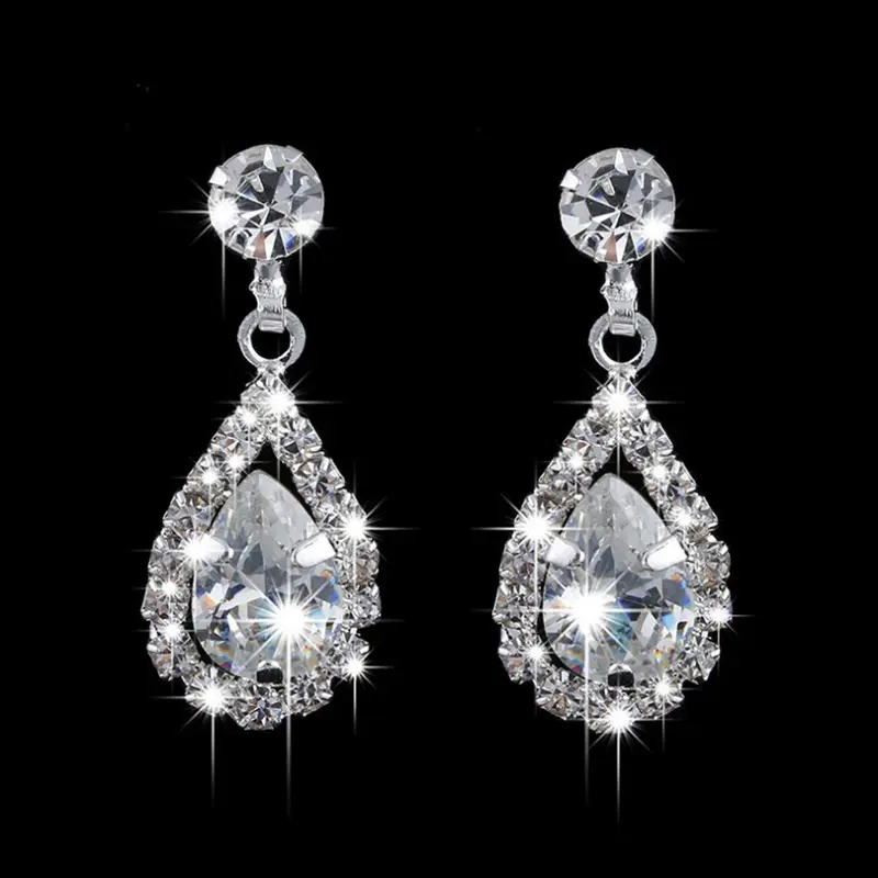 Vintage Crystal Waterdrop Pendant Necklace Earrings Silver Wedding Jewelry Set