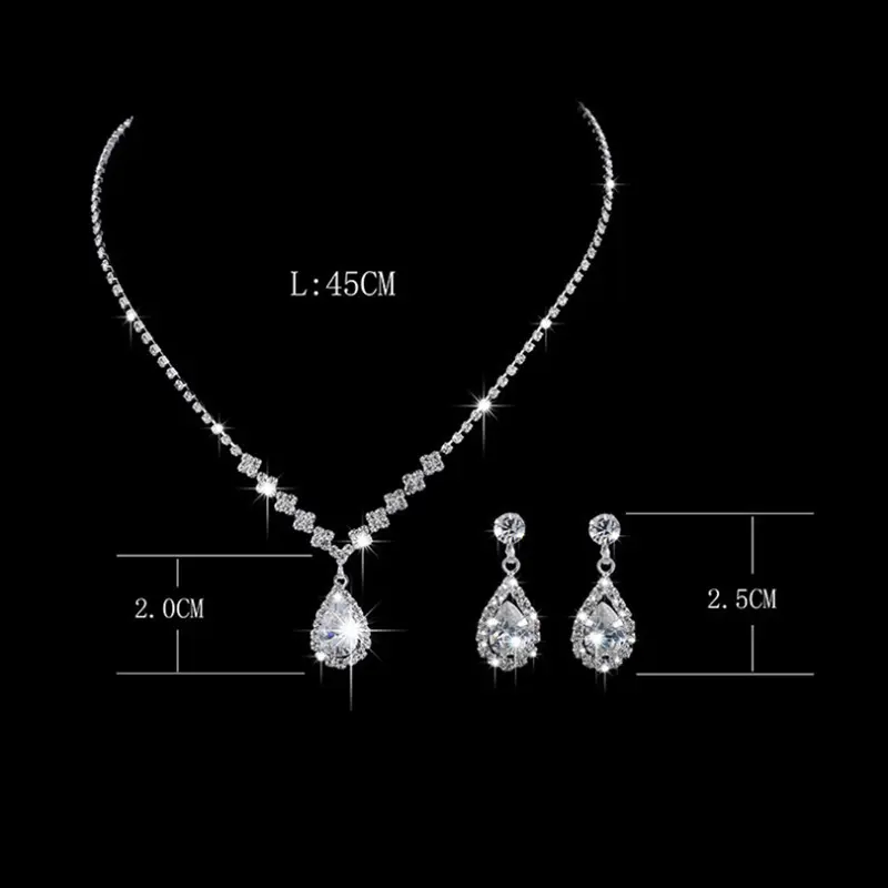 Vintage Crystal Waterdrop Pendant Necklace Earrings Silver Wedding Jewelry Set
