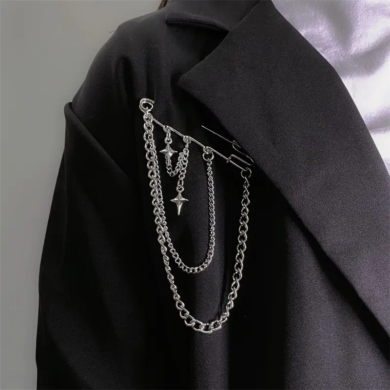Metal Chain Star Pendant Brooch For Women Men Suit Decoration Tassel Pin Cloth Jewelry Accessories Fashion Pins