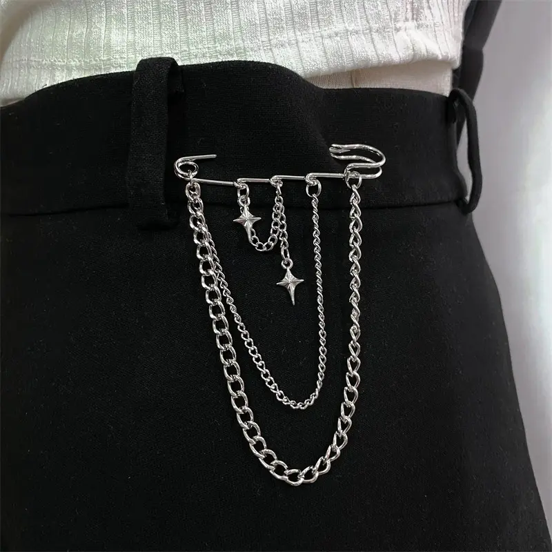 Metal Chain Star Pendant Brooch For Women Men Suit Decoration Tassel Pin Cloth Jewelry Accessories Fashion Pins