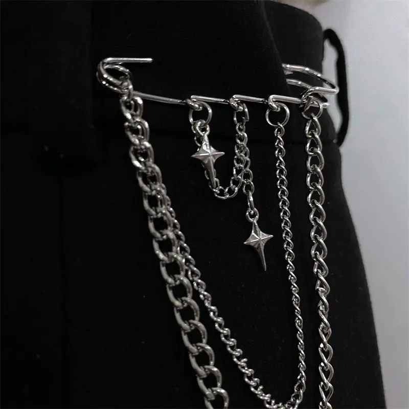Metal Chain Star Pendant Brooch For Women Men Suit Decoration Tassel Pin Cloth Jewelry Accessories Fashion Pins