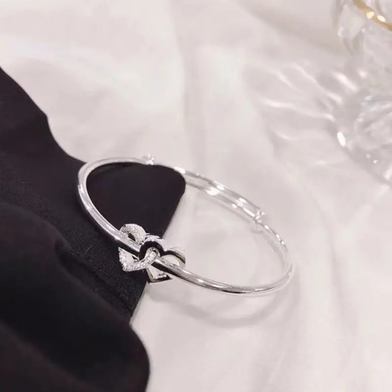 Fashion Double Heart Adjustable Bangle Silver Color Personality Simple Bracelet for Women Girls Friendship Jewelry Gifts