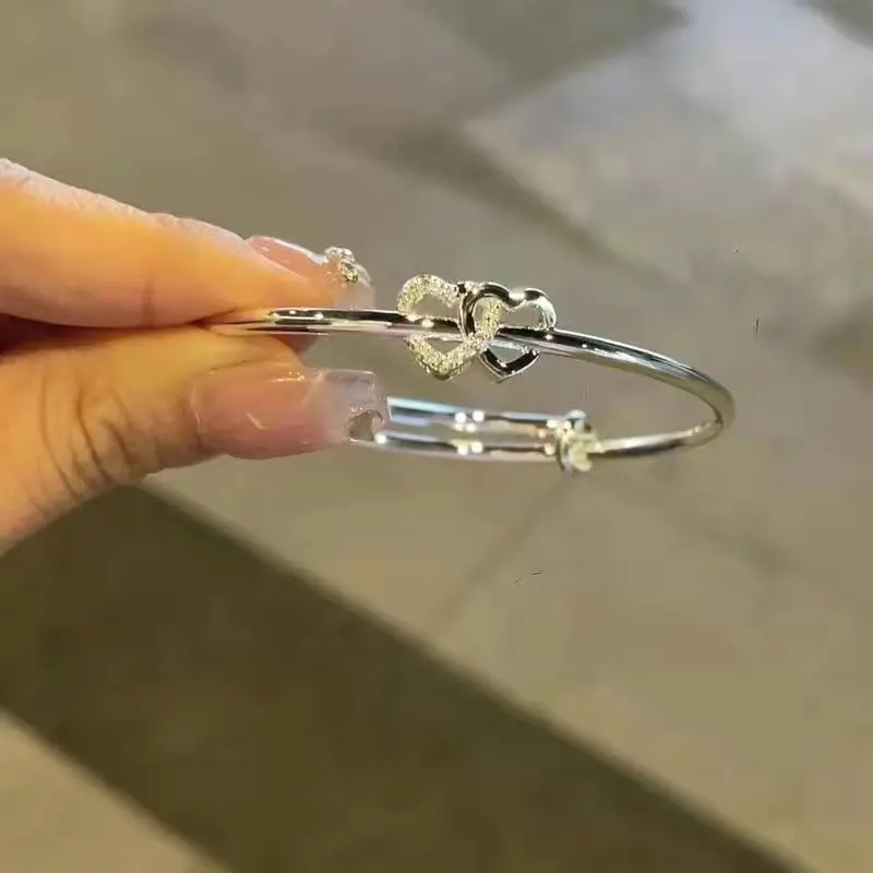 Fashion Double Heart Adjustable Bangle Silver Color Personality Simple Bracelet for Women Girls Friendship Jewelry Gifts