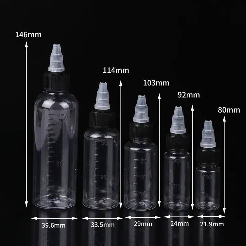 Transparent PET Squeeze Dispensing Bottle With Graduated 10/20/30/50/100ml Empty Hair Dye Refillable For Tattoo Pigment