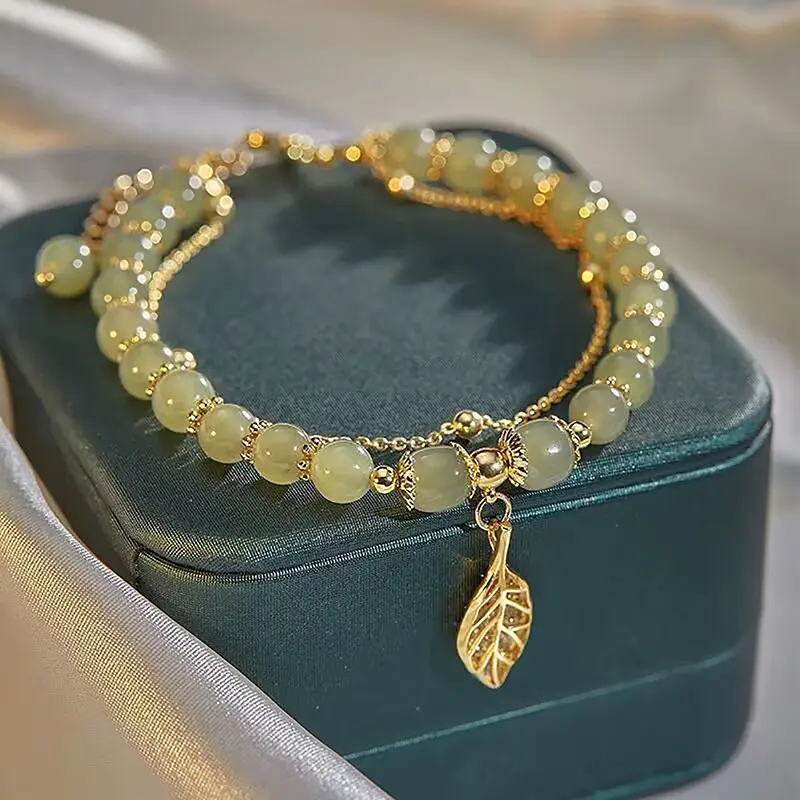 Accessories For Women Imitation Jade Beaded Bracelet Leaves Double Layer Chain Girls Wedding Party Jewelry Gift