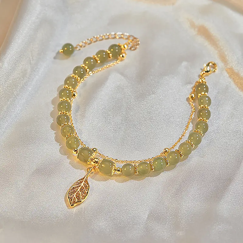 Accessories For Women Imitation Jade Beaded Bracelet Leaves Double Layer Chain Girls Wedding Party Jewelry Gift