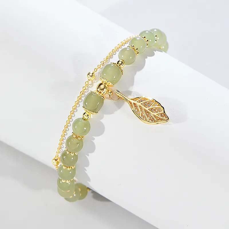 Accessories For Women Imitation Jade Beaded Bracelet Leaves Double Layer Chain Girls Wedding Party Jewelry Gift